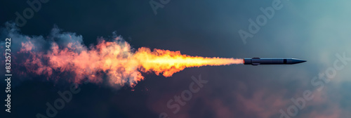 Side view of a missile in motion, smoke trail, twilight sky, vibrant colors  photo
