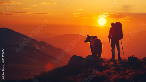Silhouette of a bear and hiker watching the sunset from a mountain ridge 