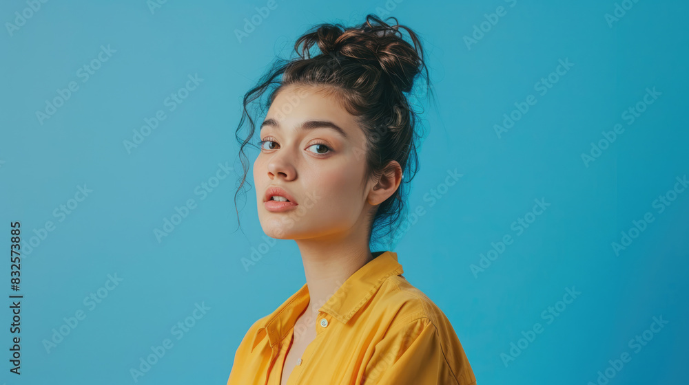 Woman in a yellow shirt poses in a modern studio against blue background Woman in a yellow shirt poses in a modern studio against blue background