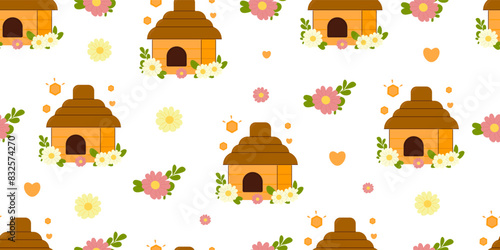 Seamless pattern with jar of honey,bees,melliferous flowers isolated on yellow background vector illustration. Cute honey print background.