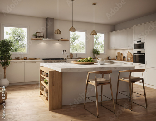 a high-quality 3D render of a modern kitchen interior, highlighting sleekness and functionality. Incorporate state-of-the-art appliances, minimalist cabinetry, and a spacious island with bar seating.  © Illustration
