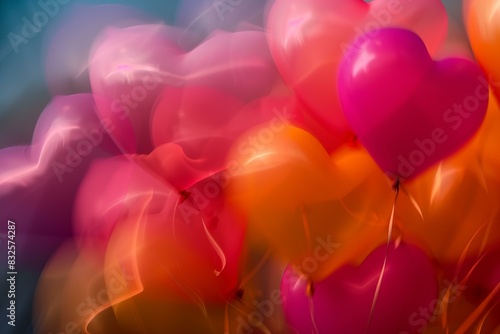 motion blur, heart shape balloons in motion, pink, red, orange colors