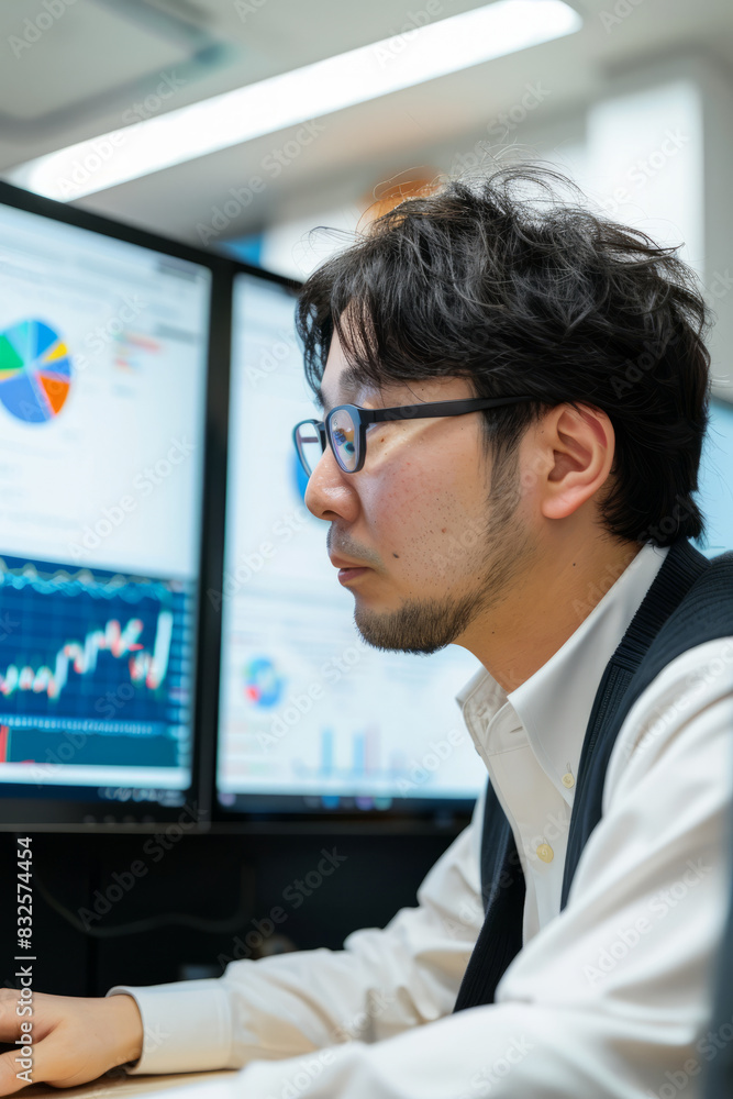 a Japanese business analyst reviewing charts and graphs on a large monitor in a bright office a Japanese business analyst reviewing charts and graphs on a large monitor in a bright office