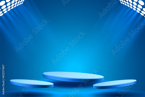 Giveaway podium with lighting, Stage Podium Scene with for Award, Decor element background. Vector illustration