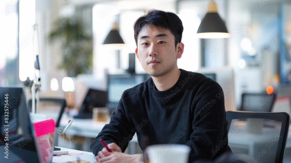 a Korean entrepreneur working on a startup project in a bright, open-plan office a Korean entrepreneur working on a startup project in a bright, open-plan office