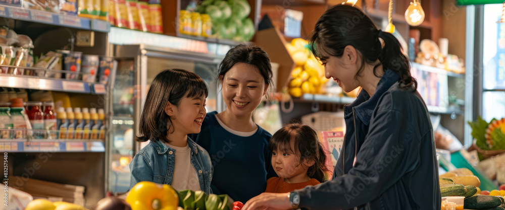 Fototapeta premium a Korean family managing a local grocery store, interacting with happy customers