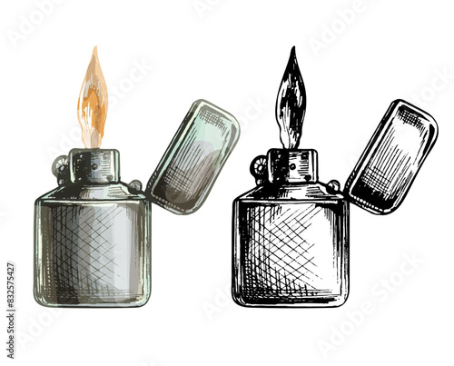 Metal open handle lighters with flame. Vintage vector hatching black hand drawn illustration