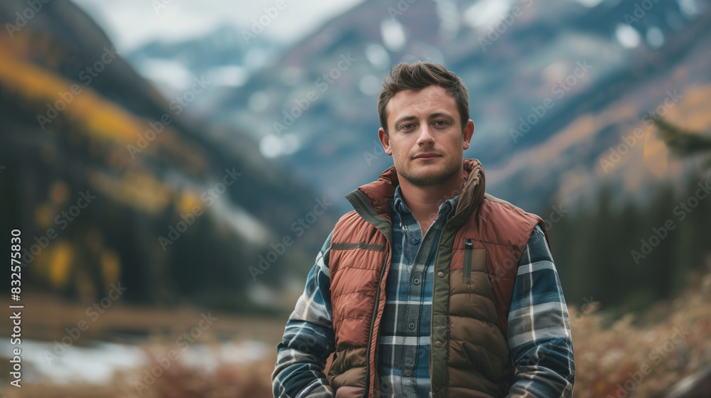 Man outdoor in casual clothing. Background in mountains Man outdoor in casual clothing. Background in mountains