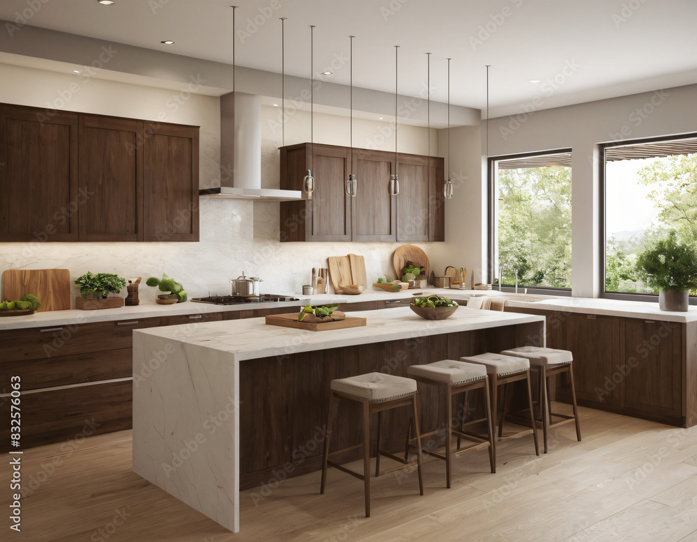 a high-quality 3D render of a modern kitchen interior, highlighting sleekness and functionality. Incorporate state-of-the-art appliances, minimalist cabinetry, and a spacious island with bar seating. 