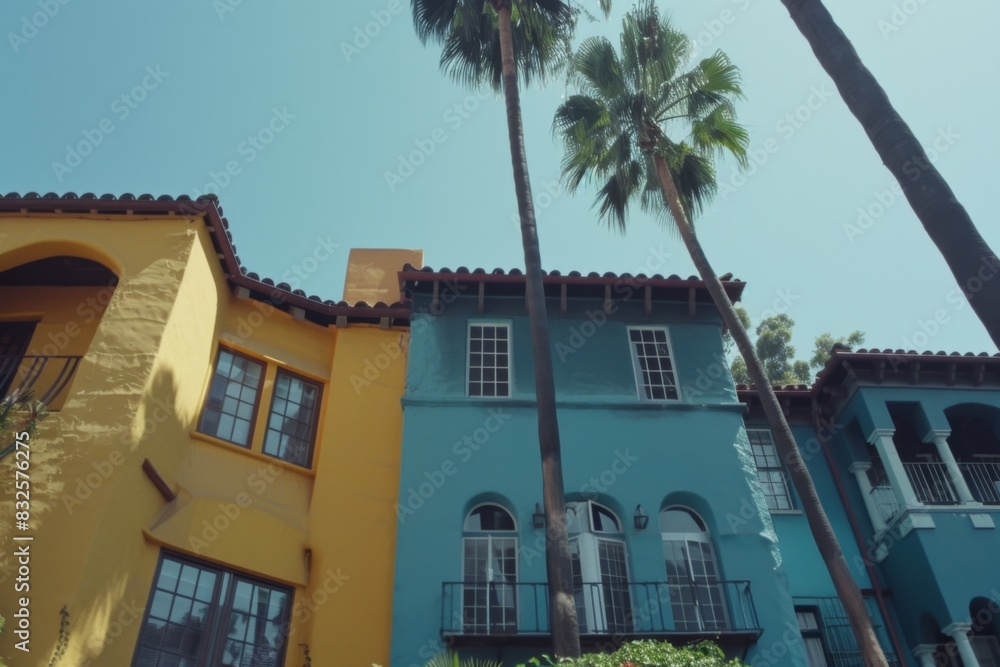Naklejka premium Tourist destination colorful city candy buildings South America architecture old houses palms art home exterior facade town streets historic exploration warm tropical county tourism aesthetic