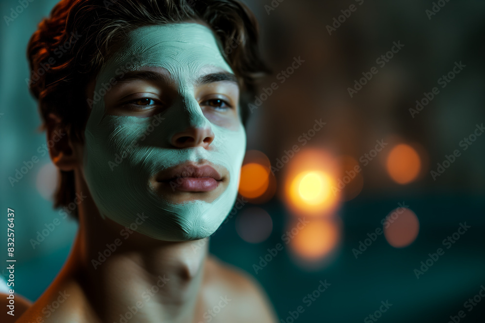 Young man in a spa salon, wearing a face mask, serene expression, dim lighting, relaxing ambiance Young man in a spa salon, wearing a face mask, serene expression, dim lighting, relaxing ambiance
