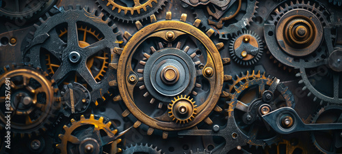 Intricate clockwork mechanism, complex gears, vintage machinery, front view, illustrating precision engineering, technology tone, Analogous Color Scheme. © Porawit