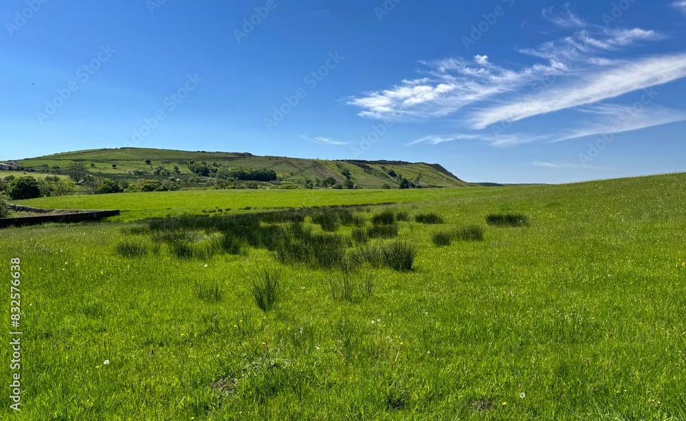 A lush green meadow, stretches towards rolling hills under a bright blue sky, dotted with a few white clouds near, Helmshore, Lancashire, UK A lush green meadow, stretches towards rolling hills under a bright blue sky, dotted with a few white clouds near, Helmshore, Lancashire, UK
