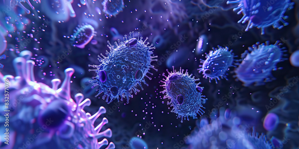 Cobalt Pathogenic Bacteria: High-resolution close-up of cobalt-colored pathogenic bacteria invading host cells, illustrating infectious processes at a microscopic level Cobalt Pathogenic Bacteria: High-resolution close-up of cobalt-colored pathogenic bacteria invading host cells, illustrating infectious processes at a microscopic level