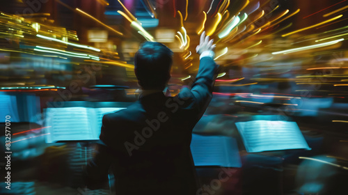 Orchestra conductor leading performance, surrounded by blurred lights photo