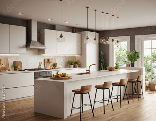 a high-quality 3D render of a modern kitchen interior  highlighting sleekness and functionality. Incorporate state-of-the-art appliances  minimalist cabinetry  and a spacious island with bar seating. 