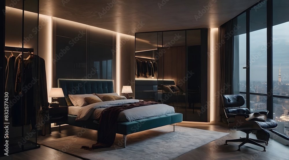 Fototapeta premium modern and minimal bedroom interior design, contemporary interior design, 3D render, cinematic lighting