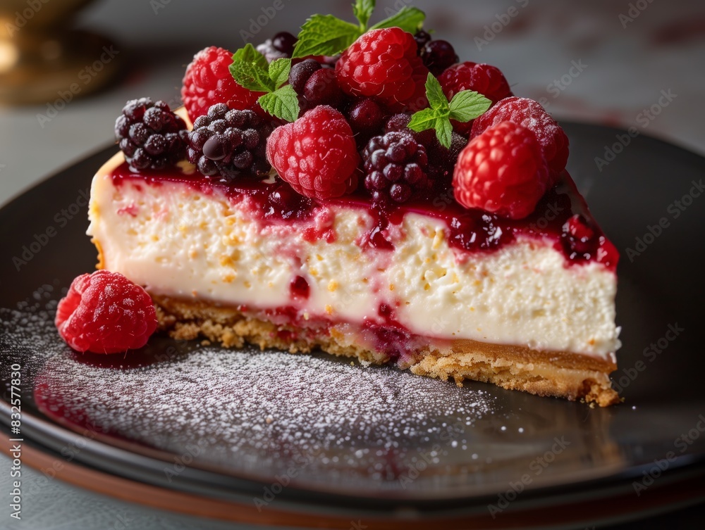 A slice of creamy cheesecake topped with fresh red berries and a drizzle of syrup, perfect for restaurant advertising A slice of creamy cheesecake topped with fresh red berries and a drizzle of syrup, perfect for restaurant advertising