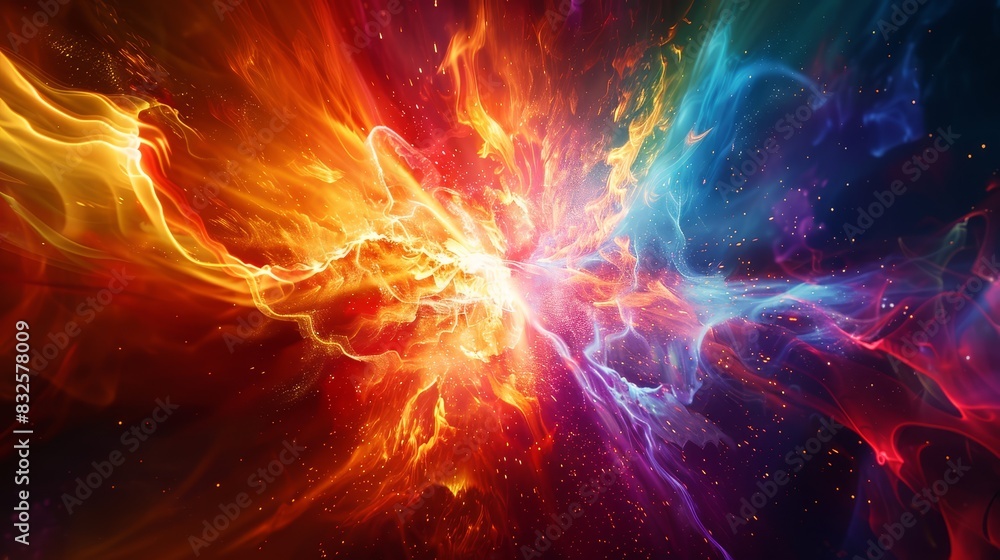 Obraz premium Close-up shot of a controlled antimatter reaction, showcasing its awe-inspiring beauty with vibrant colors and dynamic movement. Perfect for illustrating advanced science and technology