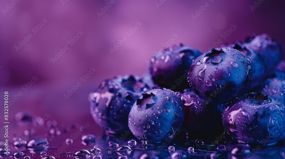 Cluster of fresh blueberries on a deep purple backdrop, highlighting their rich color and natural appeal. Ideal for culinary and nutrition themes Cluster of fresh blueberries on a deep purple backdrop, highlighting their rich color and natural appeal. Ideal for culinary and nutrition themes