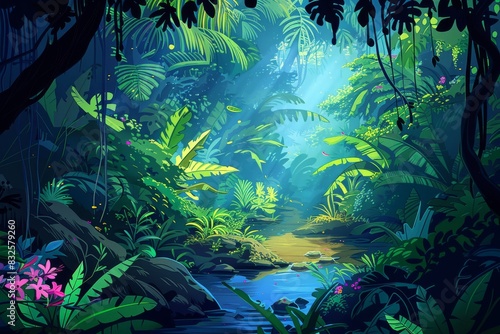 a lush and peaceful jungle ecosystem