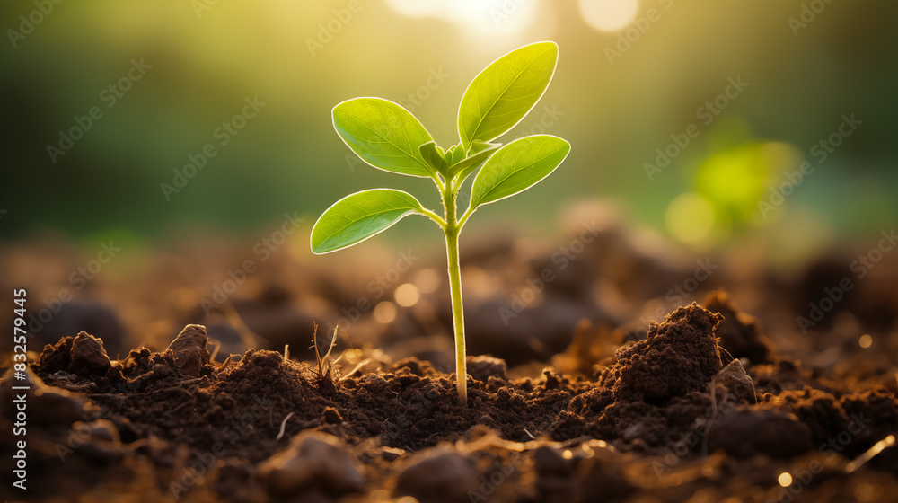 Plants growing from the soil in the forest with a blurred background. Young plant growing in sunlight. Plants growing from the soil in the forest with a blurred background. Young plant growing in sunlight.