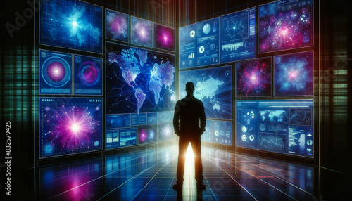 Silhouetted Person In Front Of Digital Screens Displaying Global Data Visualizations For Advanced Analytics And Technological Insights Ai Generated