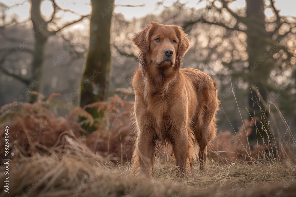 Obraz premium A photo of a beautiful brown dog standing in a meadow, facing the camera, bathed in dappled sunlight. The serene setting highlights the dog's calm and content expression.