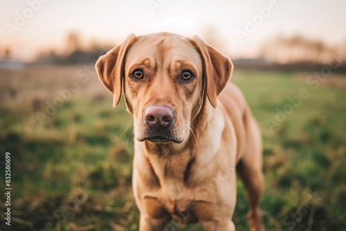 A photo of a beautiful brown dog standing in a meadow, facing the camera, bathed in dappled sunlight. The serene setting highlights the dog's calm and content expression.