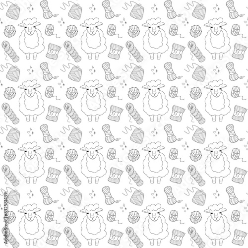 Seamless pattern with cute sheep and skeins of yarn. Doodle outline illustration.