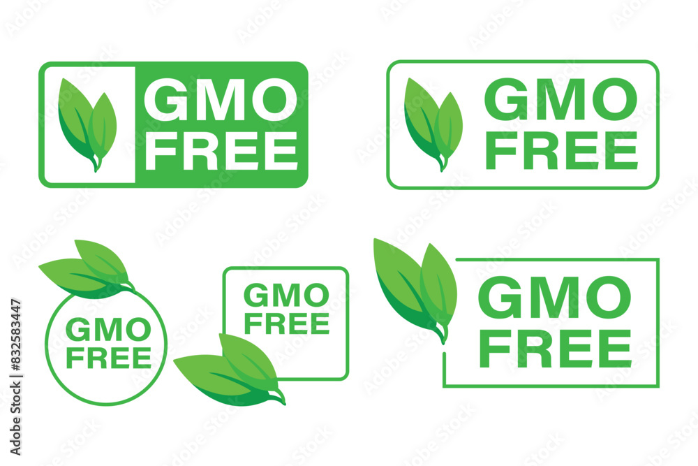 Set of green GMO Free labels and logos with leaf icons promoting ...