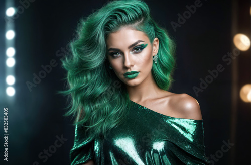 model with exotic green hair coloring and intense makeup poses for an artistic portrait shot, expressing her unconventionality photo