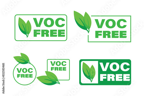 Set of green badges with the text VOC Free. A leaf icon representing products, set of eco icons photo