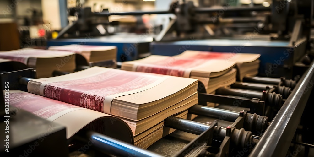 Printing press in action in industrial setting processing paper sheets up close. Concept Printing Press, Industrial Setting, Paper Sheets, Close-up, Processing