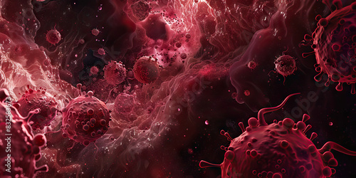 The Intricate Unseen Journey: A close-up of a blood cell, revealing its complex inner structure and intruding foreign particles under a microscope