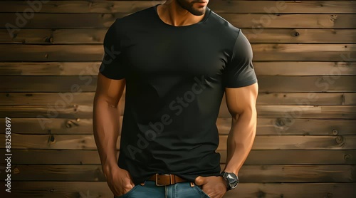 plain black t-shirt with male model, front view studio photo mockup template, 4K resolution footage, generated ai