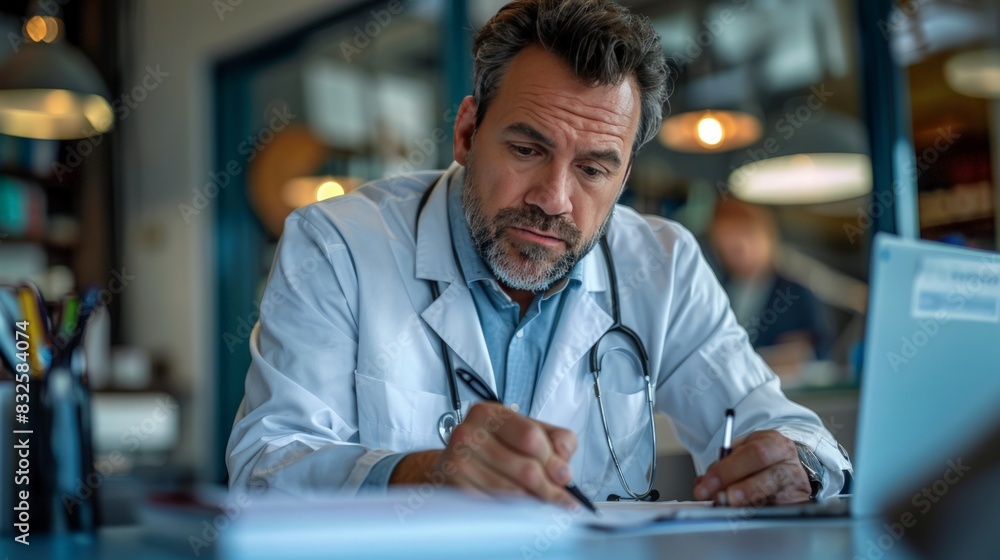 Focused Doctor Writing Notes: Depict a close-up photo of a doctor writing notes or prescriptions, with a serious and attentive expression. Focused Doctor Writing Notes: Depict a close-up photo of a doctor writing notes or prescriptions, with a serious and attentive expression.