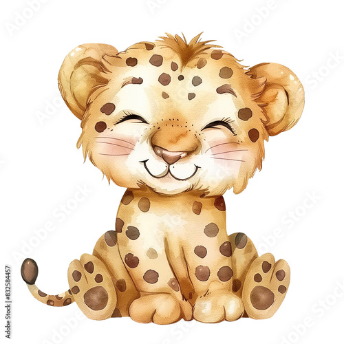 Cute watercolor illustration of a smiling Leopard cub. Drawing of little African animal for children designs, including nursery decorations and greeting birthday cards. Art for baby shower invitation.