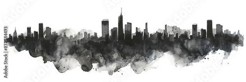 City skyline monochrome watercolor illustration. Drawing of striking cityscape with black and grey tones. Modern skyscrapers and buildings. Silhouette on isolated background. Artistic painting. photo