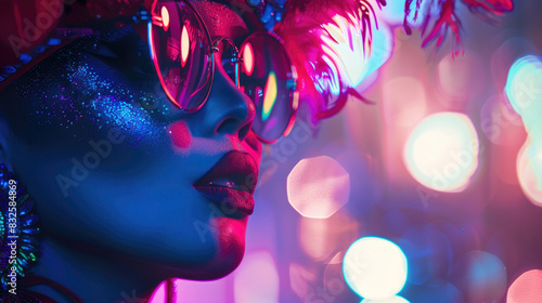 Vibrant neon makeup art with sparkling accents and styling for woman photo