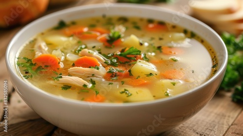 Bowl of chicken soup offered photo
