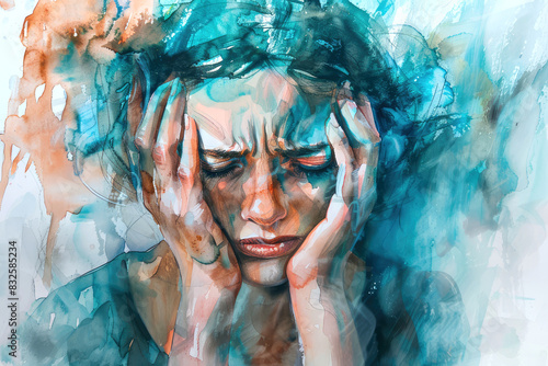 portrait of woman with headache, in style of an aquarelle