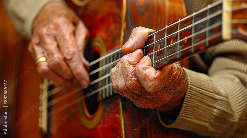 Fototapeta premium Close-up of elderly hands playing acoustic guitar, capturing the essence of music, tradition, and craftsmanship with rich wooden textures.