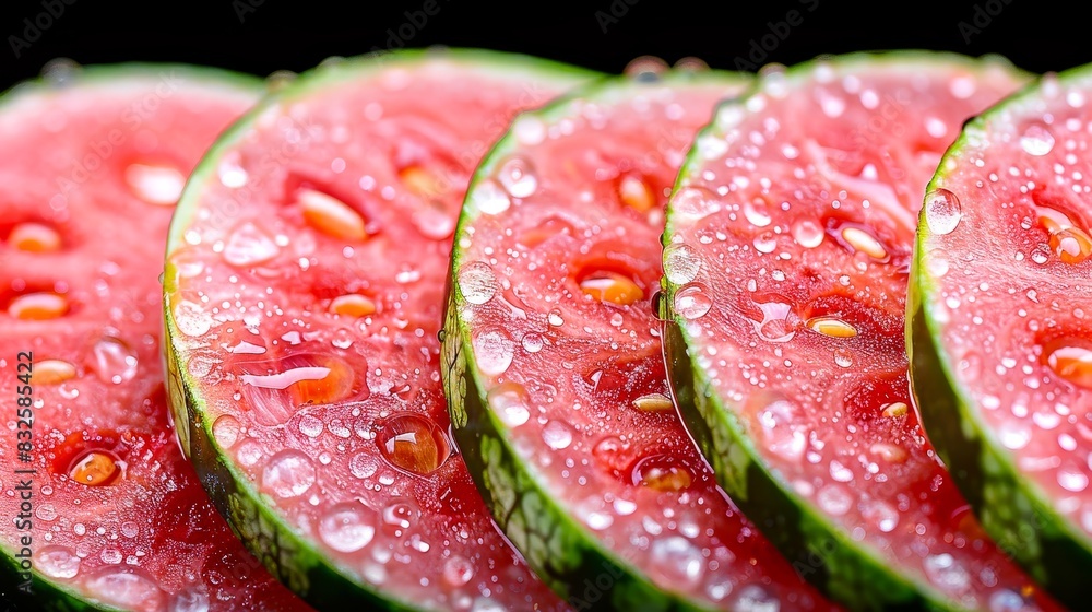 Close-up of fresh, juicy watermelon slices with seeds and water droplets, showcasing vibrant red and green colors, perfect for summer refreshment. Close-up of fresh, juicy watermelon slices with seeds and water droplets, showcasing vibrant red and green colors, perfect for summer refreshment.