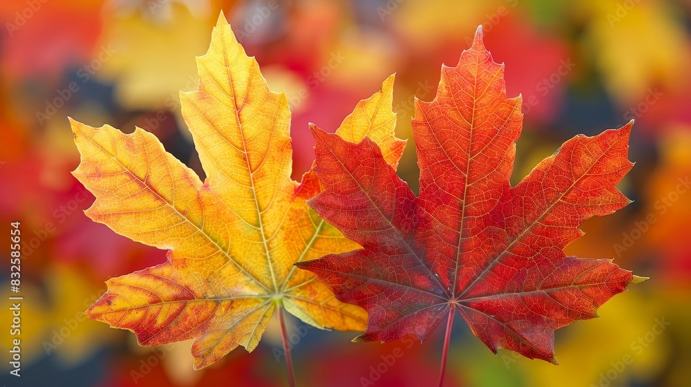 Close-up of vibrant red and yellow autumn leaves with a blurred colorful background, showcasing the beauty of fall foliage. Close-up of vibrant red and yellow autumn leaves with a blurred colorful background, showcasing the beauty of fall foliage.