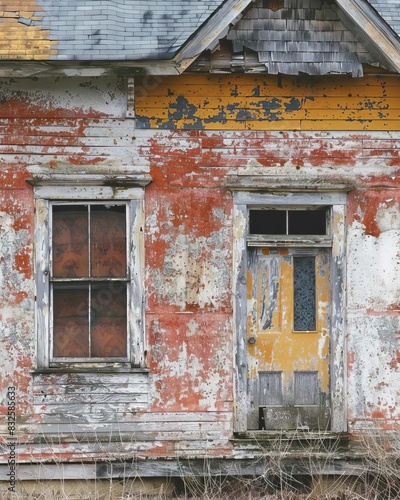 Old, weathered house facade with peeling paint and damaged structure, showing signs of decay and abandonment, with rustic aesthetics