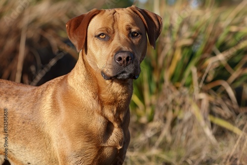 A photo of a beautiful brown dog standing in a meadow  facing the camera  bathed in dappled sunlight. The serene setting highlights the dog s calm and content expression.