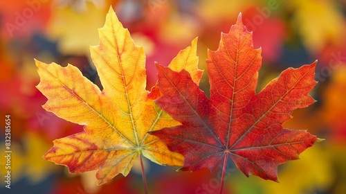 Close-up of vibrant red and yellow autumn leaves with a blurred colorful background, showcasing the beauty of fall foliage.