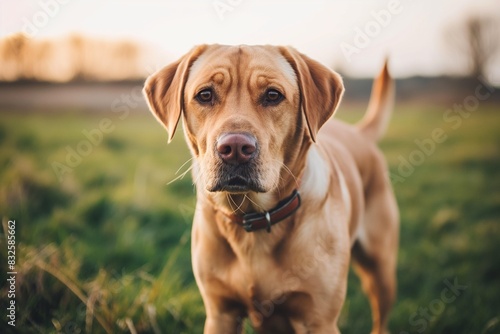 A photo of a beautiful brown dog standing in a meadow  facing the camera  bathed in dappled sunlight. The serene setting highlights the dog s calm and content expression.