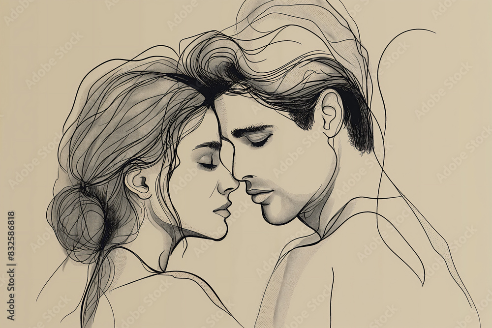 Black line painted illustration on young couple in love on being background. Simple flat design. Selective focus Black line painted illustration on young couple in love on being background. Simple flat design. Selective focus